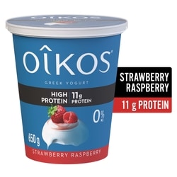 Oikos Greek Yogurt, Strawberry-Raspberry, High Protein, Blended, 0% M.F. 650 g, $1.11/100g