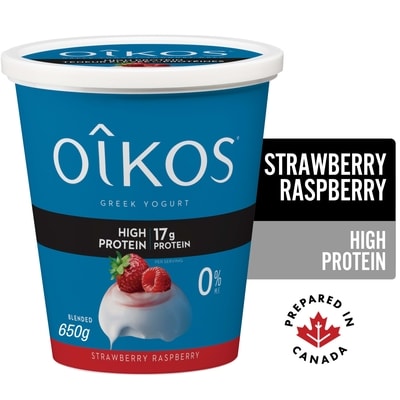 Oikos Greek Yogurt, Strawberry-Raspberry, High Protein, Blended, 0% M.F. 650 g, $1.08/100g