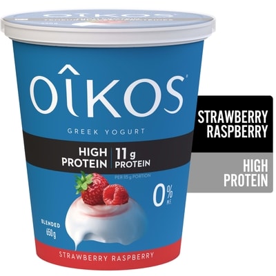 Oikos Greek Yogurt, Strawberry-Raspberry, High Protein, Blended, 0% M.F. 650 g, $1.35/100g