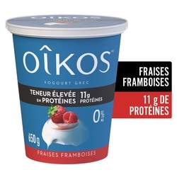 Oikos Yogourt grec, teneur élevée en protéines, fraises-framboises, brassé 650 g, 1,23 $/100g