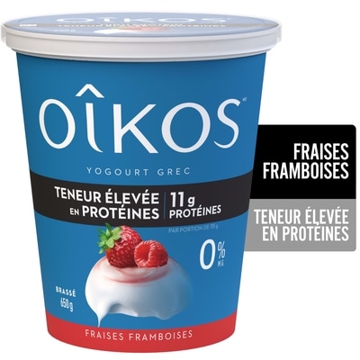 Oikos Yogourt grec, teneur élevée en protéines, fraises-framboises, brassé 650 g, 1,15 $/100g