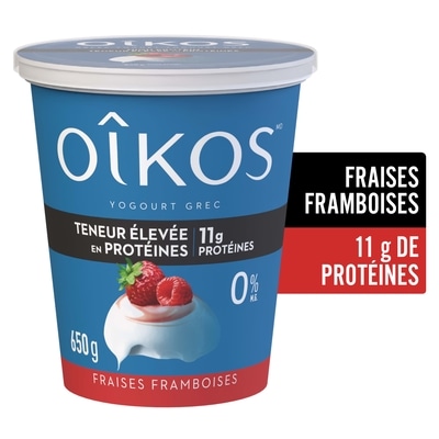 Oikos Yogourt grec, teneur élevée en protéines, fraises-framboises, brassé 650 g, 1,20 $/100g