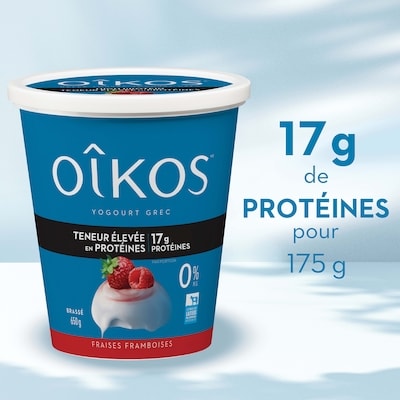 Yogourt grec, teneur élevée en protéines, fraises-framboises, brassé