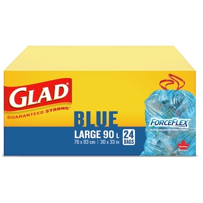 Glad Grands sacs bleus ForceFlex à cordon coulissant pour la récupération, sacs à ordures de 90 L 24 ea, 0,46 $/1ch