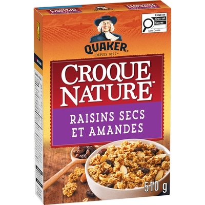 Quaker Céréales granola Raisins secs et amandes 510 g, 0,78 $/100g