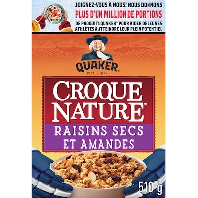 Quaker Céréales granola Croque Nature Raisins secs et amandes 510 g, 1,17 $/100g