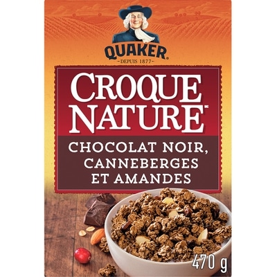 Quaker Céréales granola Croque Nature Chocolat noir, canneberges et amandes 470 g, 1,27 $/100g