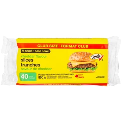 Sans Nom Produit de fromage fondu à saveur cheddar, tranches 800 g, 1,25 $/100g