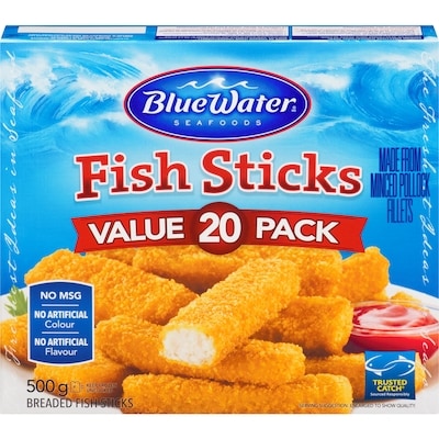 BlueWater Seafoods Breaded Fish Sticks Cut from Real Fish, Wild Caught Fish with Crunchy Panko Breadcrumbs, Frozen, 20 Count 500 g, $2.00/100g