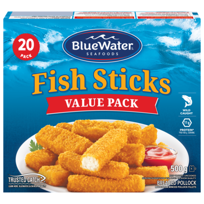 BlueWater Seafoods Breaded Fish Sticks Cut from Real Fish, Wild Caught Fish with Crunchy Panko Breadcrumbs, Frozen, 20 Count 500 g, $1.90/100g
