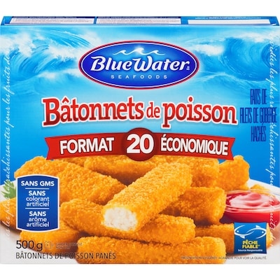 BlueWater Seafoods Bâtonnets de poisson panés  faits de vrai poisson haché, Poisson sauvage avec chapelure Panko, Congelé, 20 morceaux 500 g, 1,80 $/100g