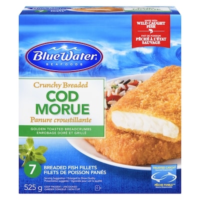BlueWater Seafoods Crunchy Breaded Fish Fillets, Wild Caught Cod with Crunchy Panko Breadcrumbs, Frozen, 7 Count, Resealable Bag 525 g, $3.43/100g