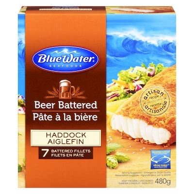 BlueWater Seafoods Beer Battered Haddock, Wild Caught Haddock, Frozen, 7 Count, Resealable Bag 480 g, $3.75/100g