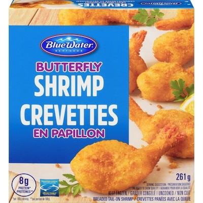 BlueWater Seafoods Butterfly Shrimp 100% Whole Shrimp, Breaded with Crunchy Panko Breadcrumbs, Frozen 261 g, $3.44/100g