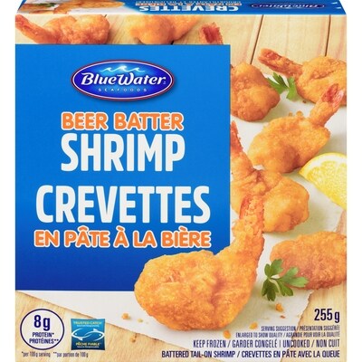 BlueWater Seafoods Crevettes en pâte à la bière, Crevettes entières à 100%, Crevettes avec queues en pâte, Congelé 255 g, 2,35 $/100g