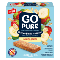 Leclerc Barres fruits et avoine Go Pure, bananes et fraises 140 g, 3,42 $/100g