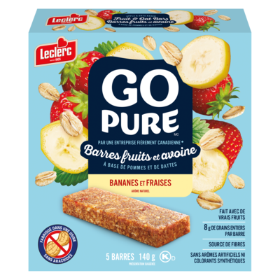 Leclerc Barres fruits et avoine Go Pure, bananes et fraises 140 g, 2,71 $/100g