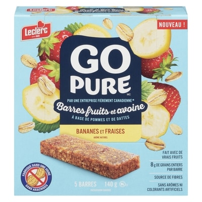 Leclerc Barres fruits et avoine Go Pure, bananes et fraises 140 g, 3,39 $/100g
