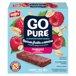 Leclerc Barres fruits et avoine Go Pure, framboise 140 g, 1,34 $/100g