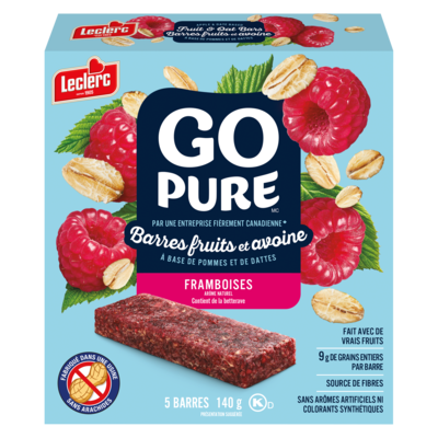 Leclerc Barres fruits et avoine Go Pure, framboise 140 g, 3,42 $/100g