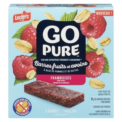 Leclerc Barres fruits et avoine Go Pure, framboise 140 g, 3,39 $/100g