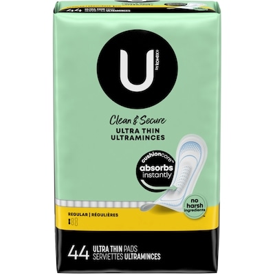 U by Kotex Serviettes ultraminces Clean & Secure, absorption régulière, 44 unités. 44 ea, 0,25 $/1ch