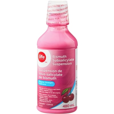 Life Brand Regular Strength Cherry Bismuth Subsalicylate Suspension  480 ml, $2.29/100ml