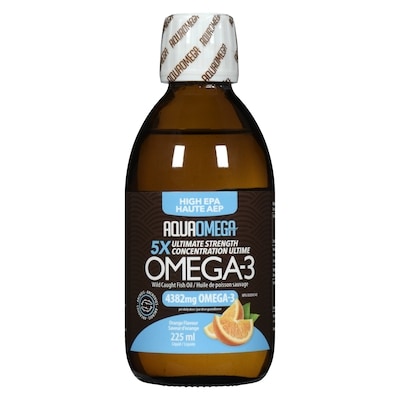 Aqua Omega Omega-3 Wild Caught Fish Oil Liquid High Epa 5x Ultimate Strength Orange Flavour 225 ml, $17.77/100ml