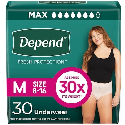 Depends Fresh Protection Adult Incontinence Underwear for Women (Formerly Fit-Flex), Disposable, Maximum, Medium, Blush, 30 Count 30 ea, $1.23/1ea