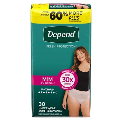 Depend Sous-vêtement d’incontinence Fresh Protection pour femmes, degré d’absorption maximal, M, couleur rosée, 30 unités 30 ea, 1,23 $/1ch