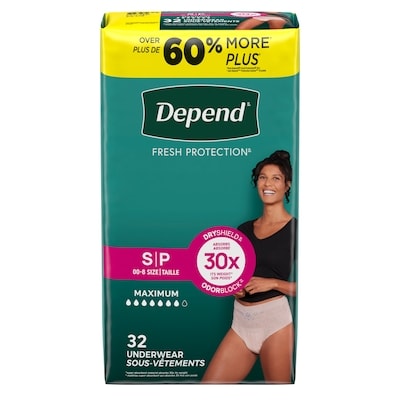 Depend Sous-vêtement d’incontinence Fresh Protection pour femmes, degré d’absorption maximal, P, couleur rosée, 32 unités 32 ea, 1,09 $/1ch