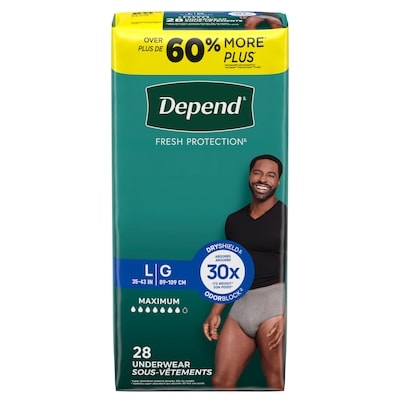 Depend Sous-vêtement d’incontinence Fresh Protection pour hommes, degré d’absorption maximal, G, gris, 28 unités 28 ea, 1,25 $/1ch