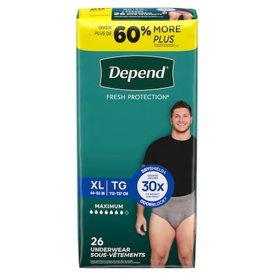 Depend Sous-vêtement d’incontinence Fresh Protection pour hommes, degré d’absorption maximal, TG, gris, 26 unités 26 ea, 1,35 $/1ch