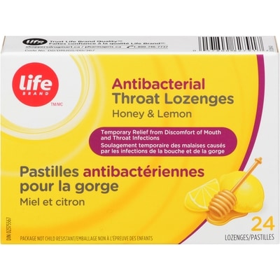 Life Pastilles antibactériennes pour la gorge, miel et citron, 24 pastilles 24 ea, 0,23 $/1ch