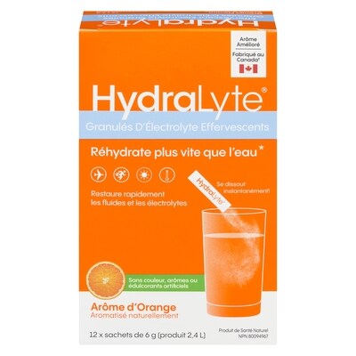 Hydralyte Poudre d'électrolyte arôme d'orange 12x6.0 g, 1,58 $/1ch