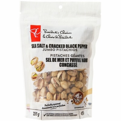 President's Choice Sea Salt and Cracked Black Pepper Jumbo Pistachios 250 g, $4.20/100g