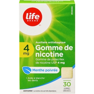Gomme de nicotine à 4 mg à saveur de menthe poivrée, 30 gommes enrobées