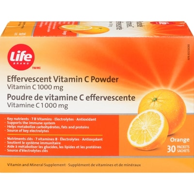 Life Poudre effervescente de vitamine C 1 000 mg, 30 sachets, orange 30 ea, 0,36 $/1ch