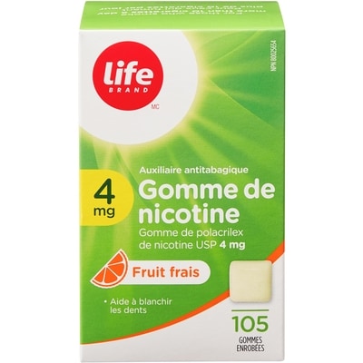 Life Gomme de nicotine 4 mg à saveur de fruits, 105 gommes enrobées 105 ea, 0,36 $/1ch