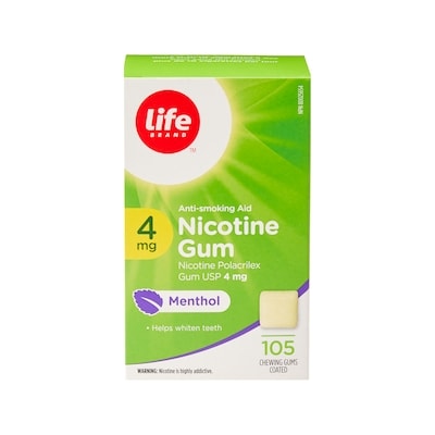 Life Gomme de nicotine à 4 mg à saveur de menthol, 105 gommes enrobées 105 ea, 0,36 $/1ch