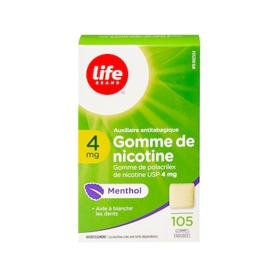 Gomme de nicotine à 4 mg à saveur de menthol, 105 gommes enrobées