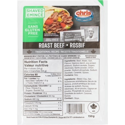 Chris Brothers Shaved Roast Beef     150 g, $3.99/100g