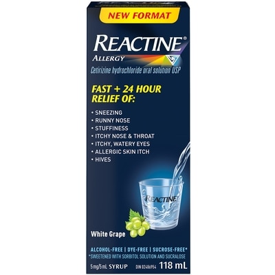 Reactine Liquid Allergy Medicine -  For Itchy Eyes, Hives, Runny Nose - 24 Hour Allergy Relief - White Grape Flavour 118 ml, $13.13/100ml