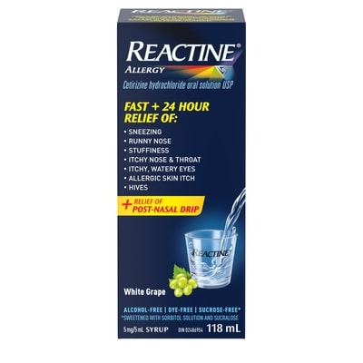 Reactine Liquid Allergy Medicine - For Itchy Eyes, Hives, Runny Nose - 24 Hour Allergy Relief - White Grape Flavour 118 ml, $13.13/100ml