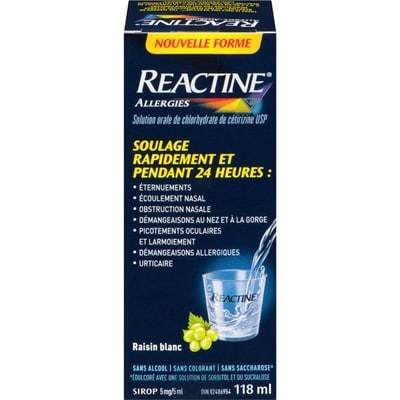 Réactine Sirop antiallergique pour picotements oculaires, urticaire, coulement nasal, soulagement 24 h, saveur raisin blanc 118 ml, 13,13 $/100ml