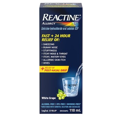 Réactine Sirop antiallergique pour picotements oculaires, urticaire, coulement nasal, soulagement 24 h, saveur raisin blanc 118 ml, 13,13 $/100ml