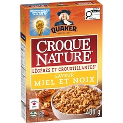 Quaker Céréales Granola Croque nature Légères et croustillantes Saveur Miel et noix 400 g, 1,37 $/100g