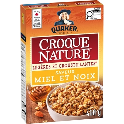 Quaker Céréales Granola Croque nature Légères et croustillantes saveur miel et noix 400 g, 1,62 $/100g