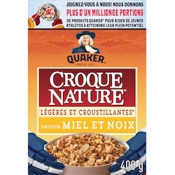 Quaker Céréales granola Croque Nature Légères et croustillantes Saveur Miel et noix 400 g, 1,37 $/100g