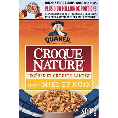Quaker Céréales granola Croque Nature Légères et croustillantes Saveur Miel et noix 400 g, 1,50 $/100g